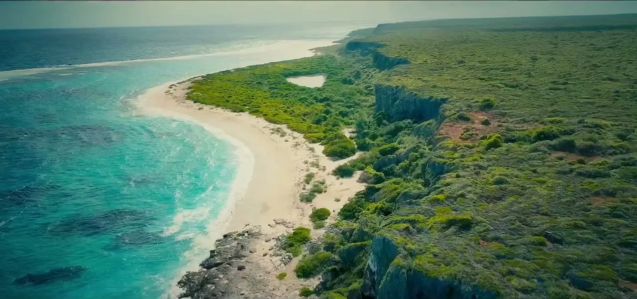 Aerial view of a turquoise bay and white-sand beach on the coast of Antigua