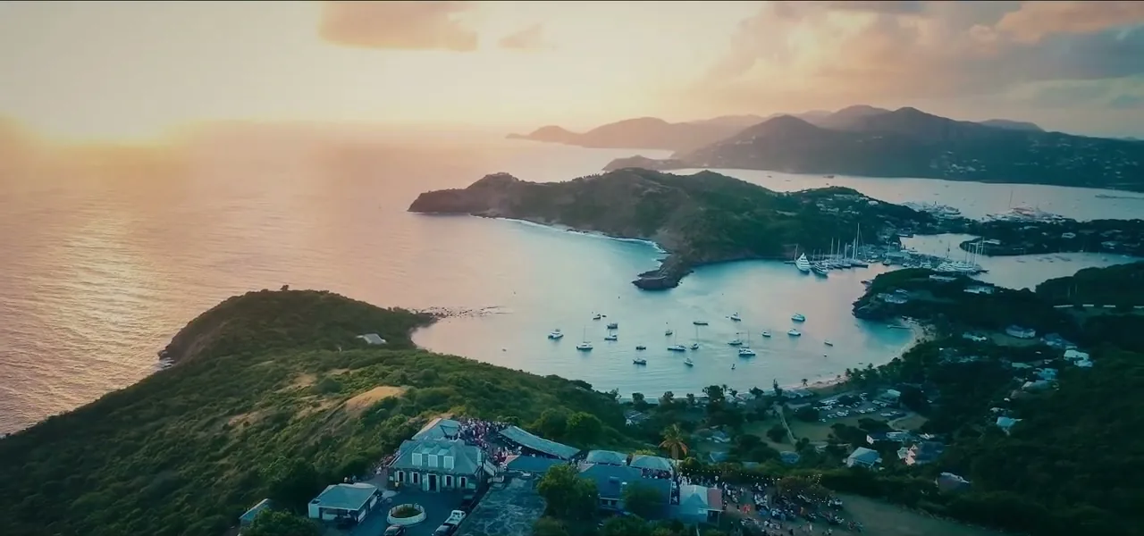 The view over English Harbour at sunset from Shirley Heights, Antigua
