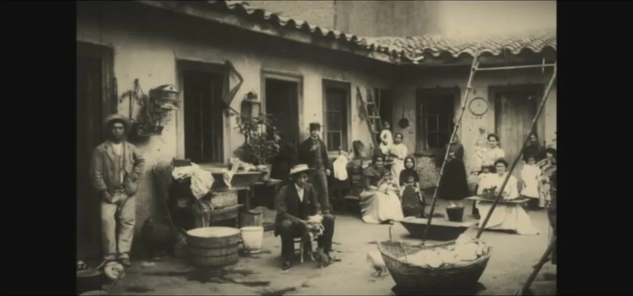 A historical photo of a conventillo tenement courtyard with immigrant families in old Buenos Aires, Argentina