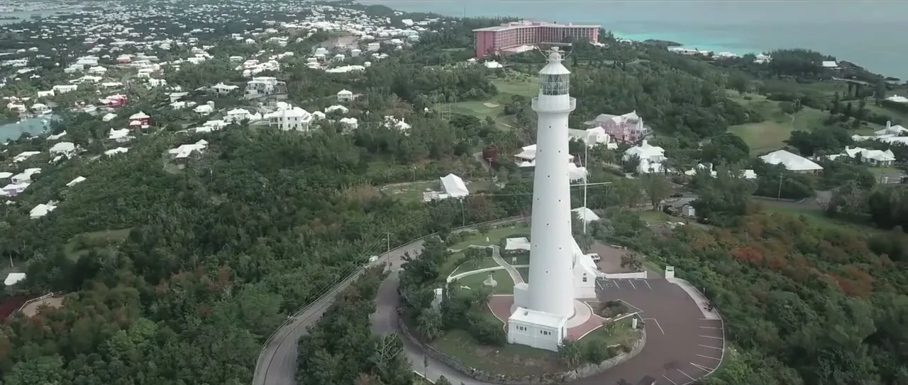 Aerial view of Gibbs Hill Lighthouse rising above Bermuda