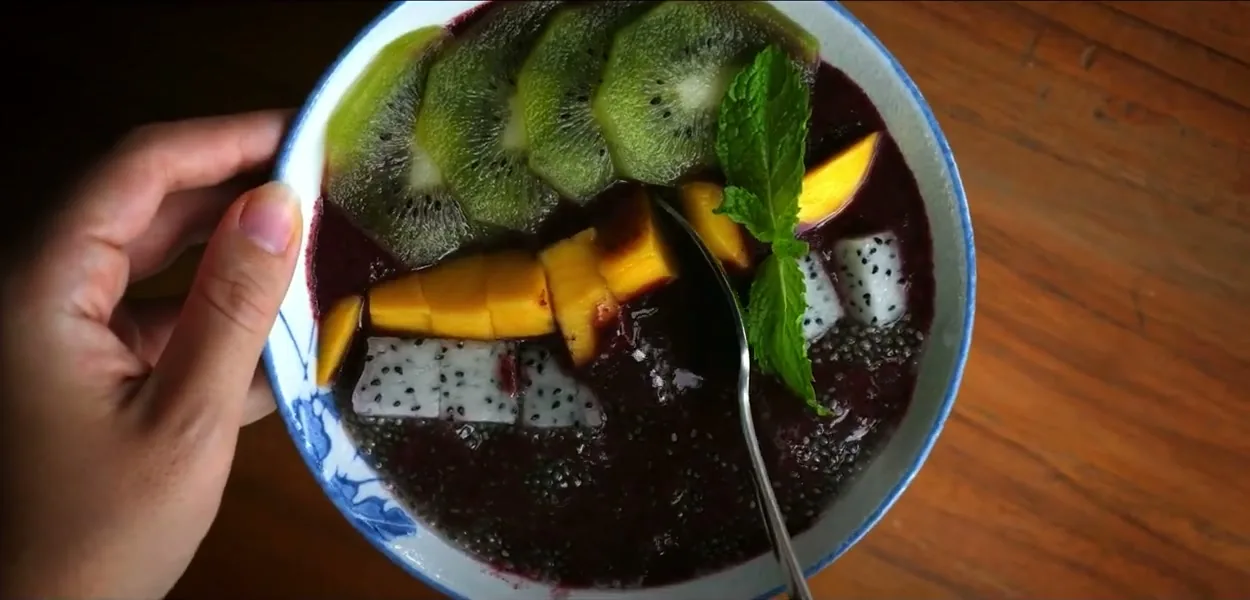 A bowl of açaí, the dark purple Amazonian berry, in Brazil