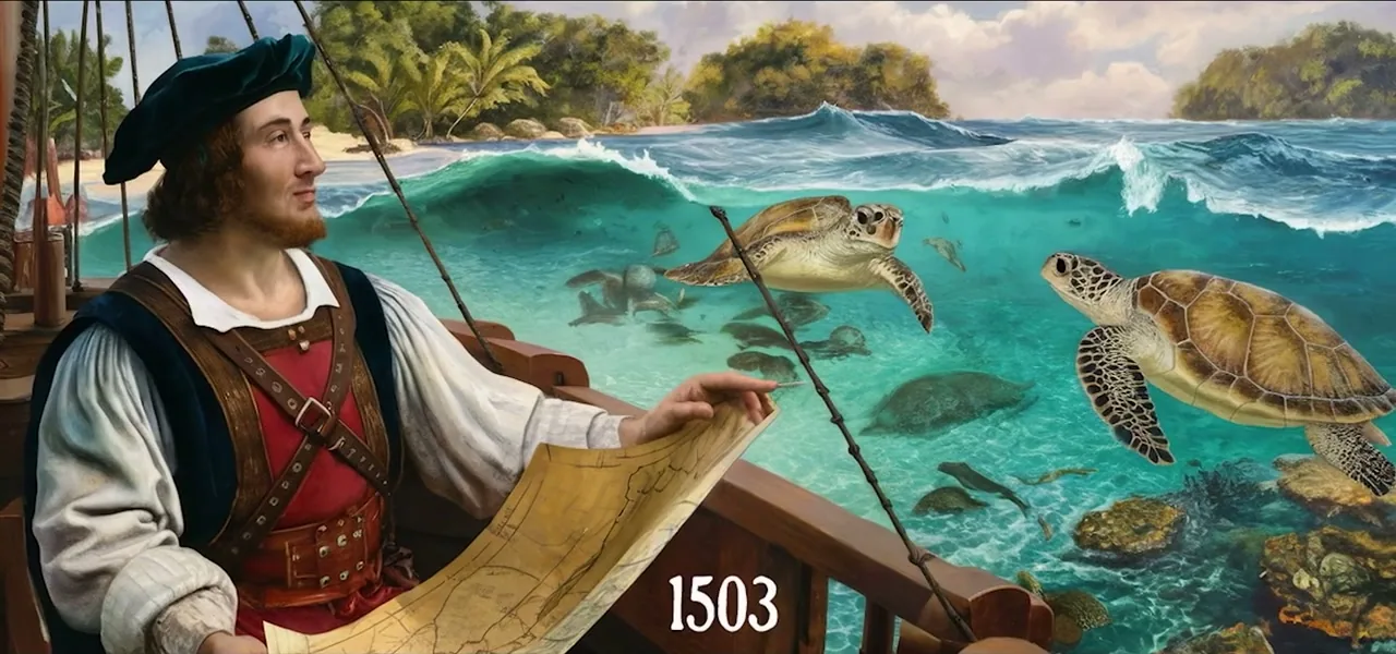 An illustration of Christopher Columbus sighting the turtle-filled Cayman Islands in 1503