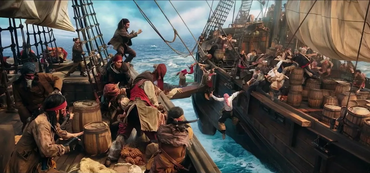 An illustration of pirates bringing barrels of rum ashore in the Caribbean