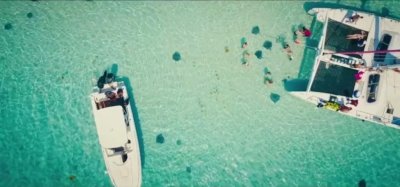 Aerial view of boats at the Stingray City sandbar in the North Sound of Grand Cayman
