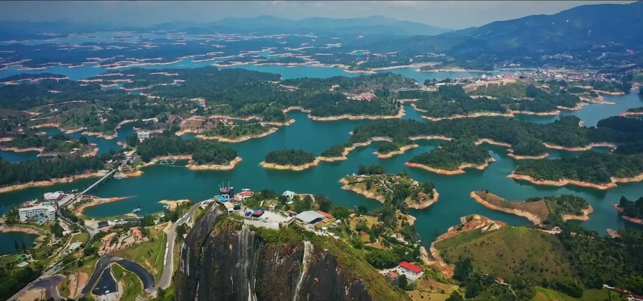 Aerial view of the Guatapé reservoir with green islands, Antioquia, Colombia