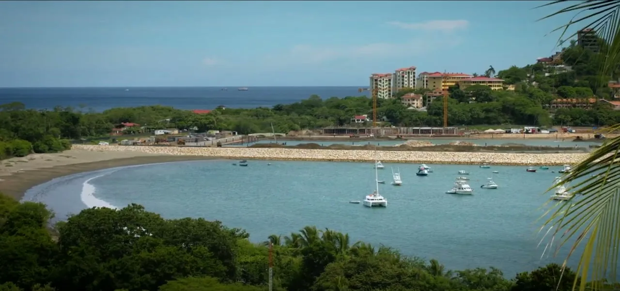 Aerial view of a bay with boats on the Guanacaste coast of Costa Rica