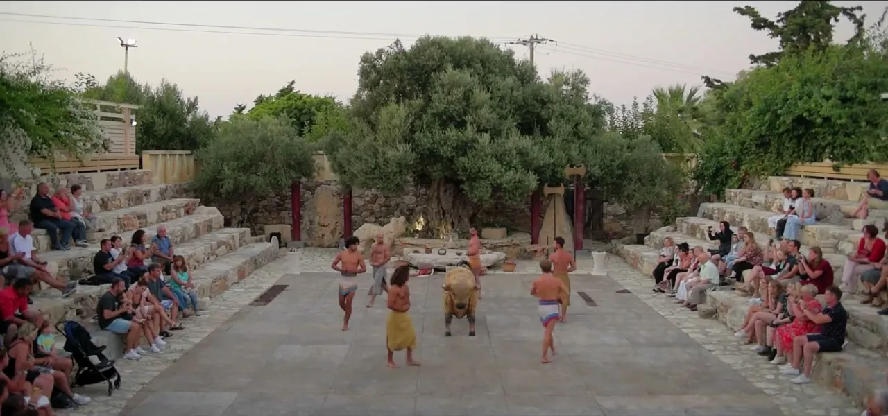 A recreation of the Minoan bull-leaping ritual at an open-air theatre in Crete