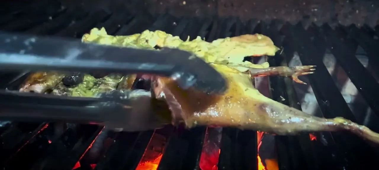 A whole guinea pig (cuy) roasting over hot coals in Ecuador