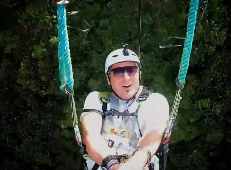 Sorin harnessed on 'The Beast', a giant swing over a canyon in Baños, Ecuador