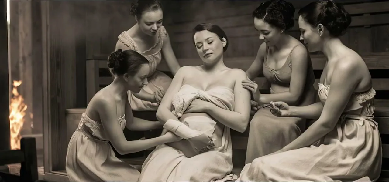 A period reenactment of a woman who has just given birth in a Finnish sauna, attended by women in traditional dress