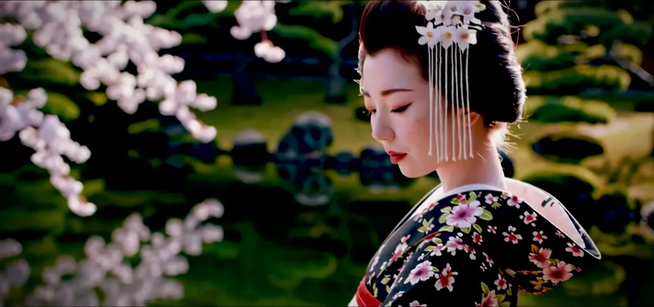 A maiko in an ornate kimono and hair ornaments among cherry blossoms in Kyoto