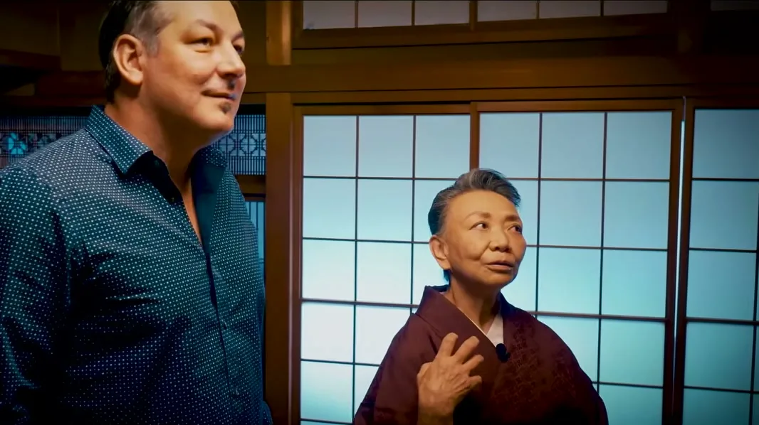 Sorin Mihailovici interviewing Reiko-san, a senior okiya 'mother,' in a traditional Kyoto room