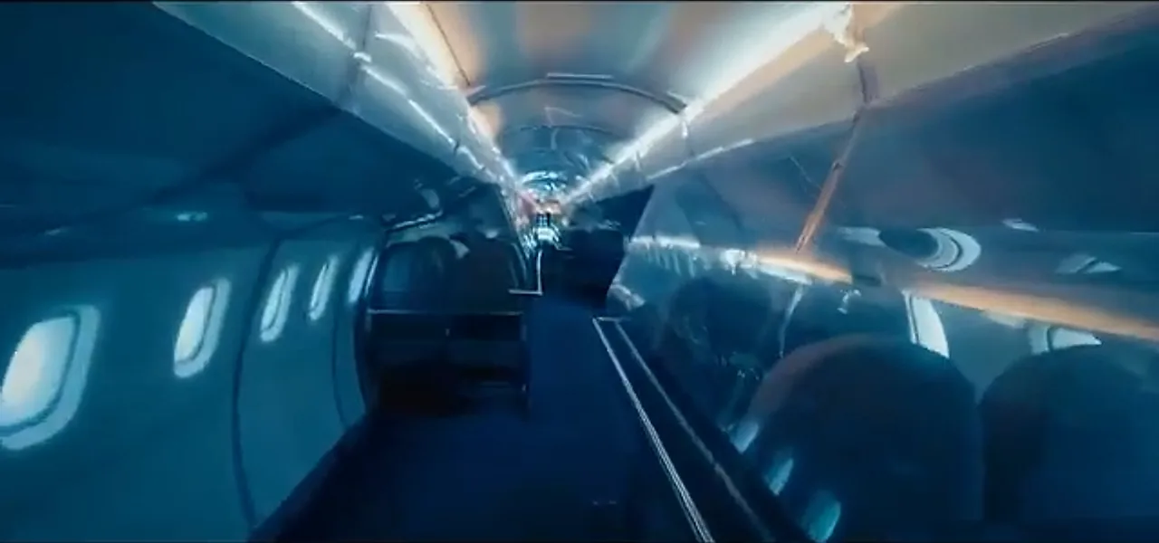 The narrow cabin interior of the Concorde at the museum