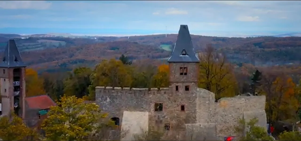 The ruins of Frankenstein Castle on a wooded hill near Darmstadt, Germany