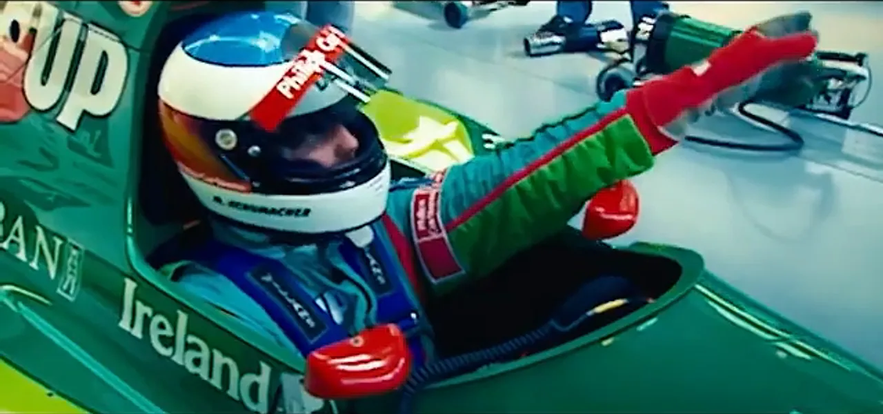 Michael Schumacher in the green Jordan Formula One car, museum footage