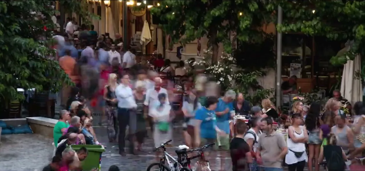 The crowded old streets of the Plaka neighbourhood in Athens, Greece