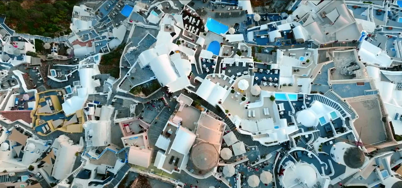 Aerial view of a whitewashed Greek village
