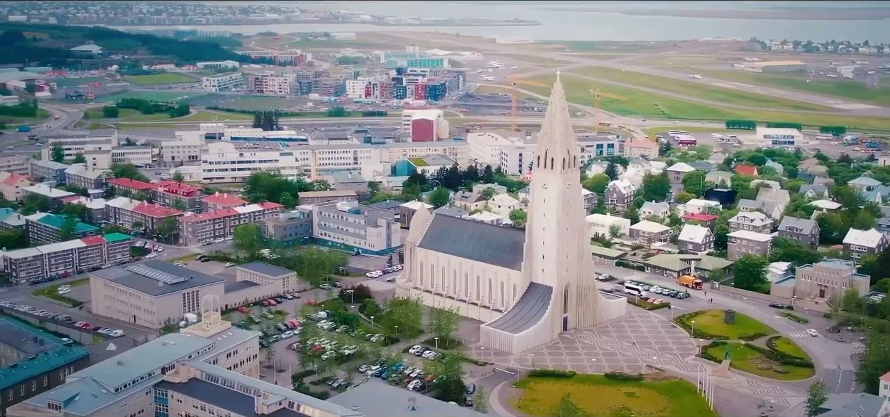 Aerial view of Reykjavik with the Hallgrimskirkja church, Iceland