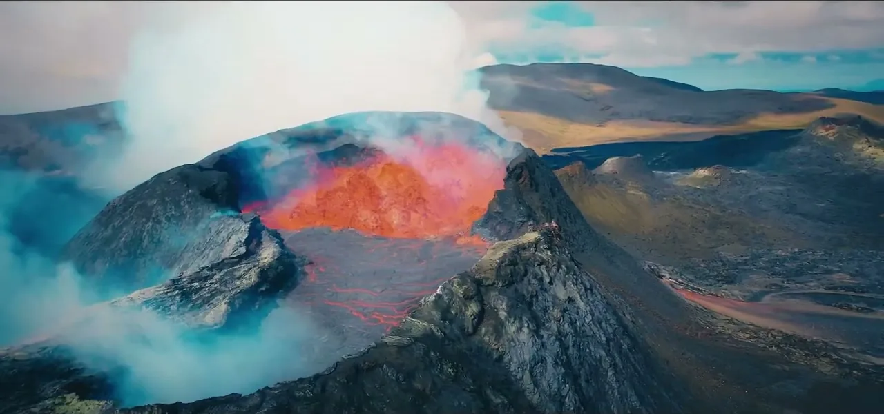 Aerial view of the glowing crater of the Fagradalsfjall volcano in Iceland