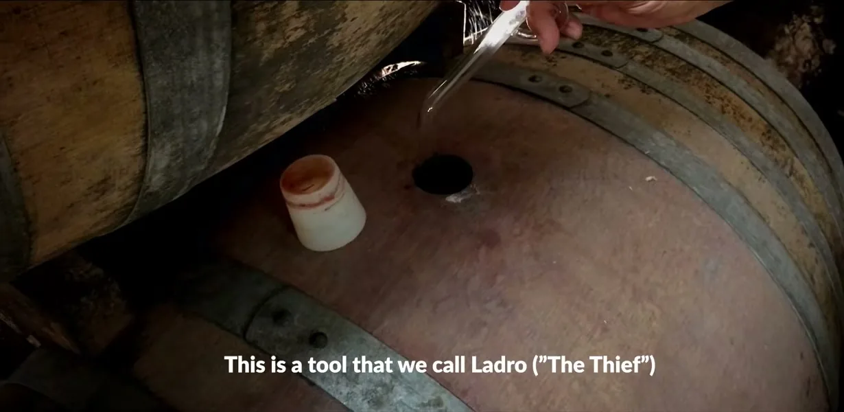 A winemaker drawing wine from a barrel with a 'thief' tool at a Chianti winery, Italy