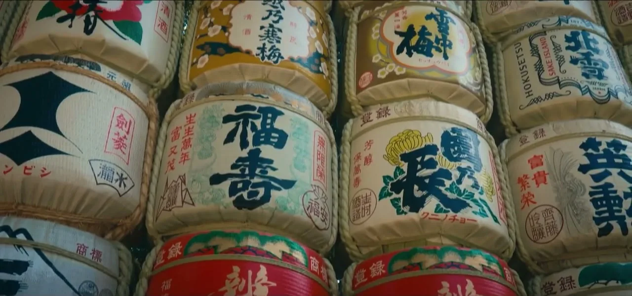 A wall of sake barrels at the Meiji Shrine in Tokyo, Japan