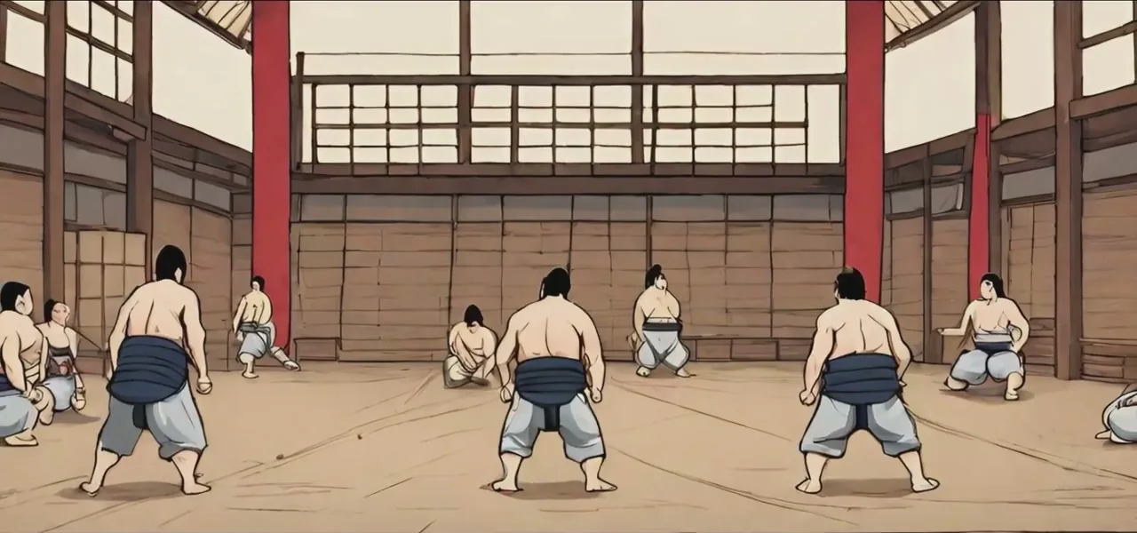 Sumo wrestlers facing off in a ring in Japan