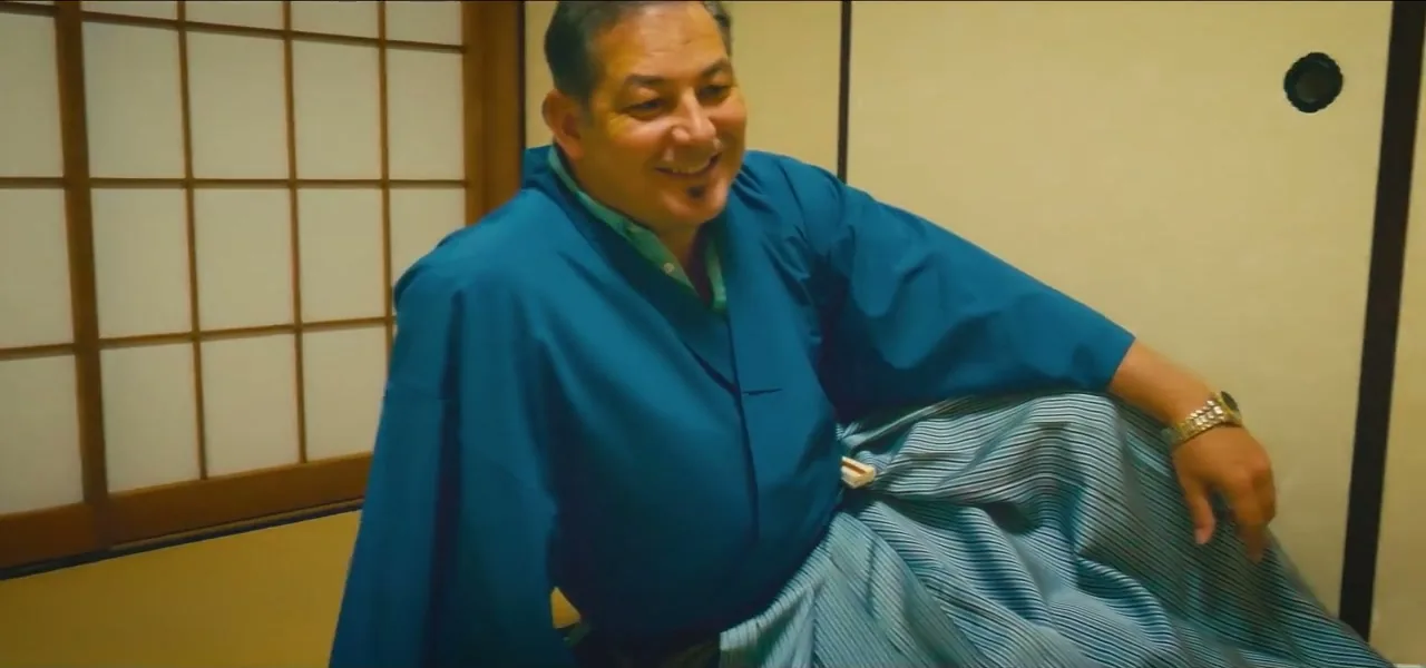 Sorin dressed in a kimono for a traditional tea ceremony in a Japanese home