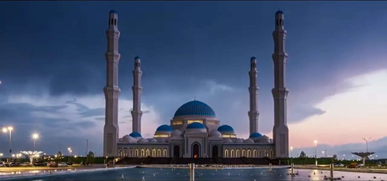 A mosque glowing at dusk in Astana, Kazakhstan