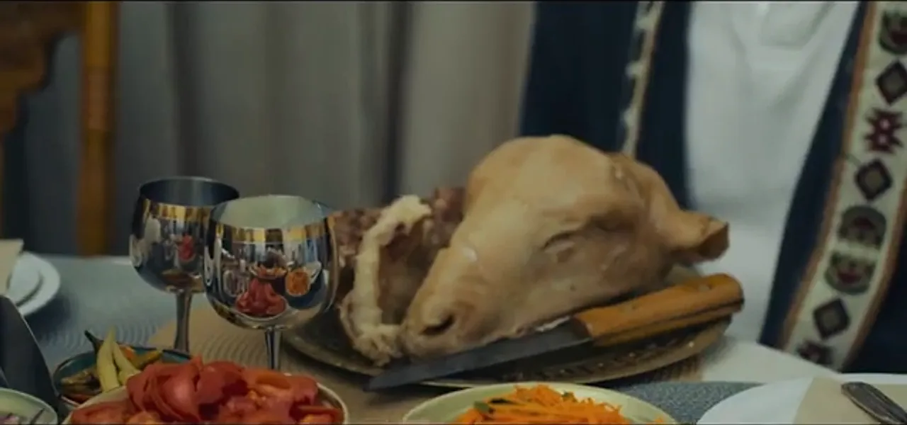 A whole sheep's head served on a platter at a family dinner in Kazakhstan
