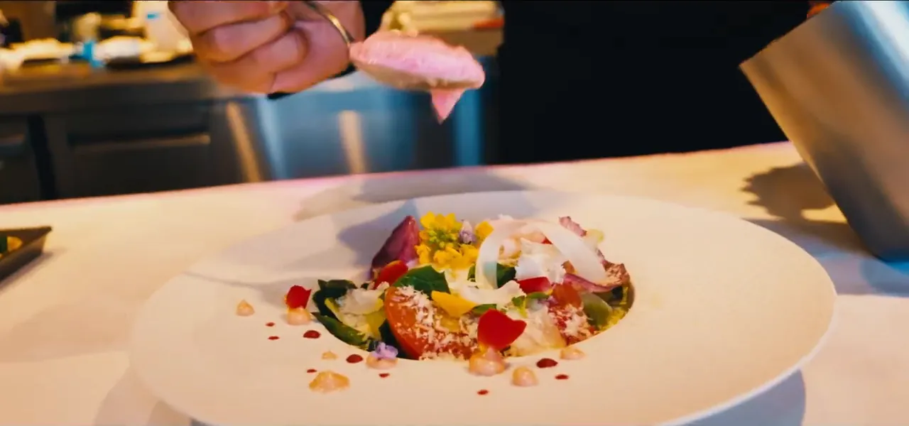A colourful plated fine-dining course at a hotel restaurant in Kyoto
