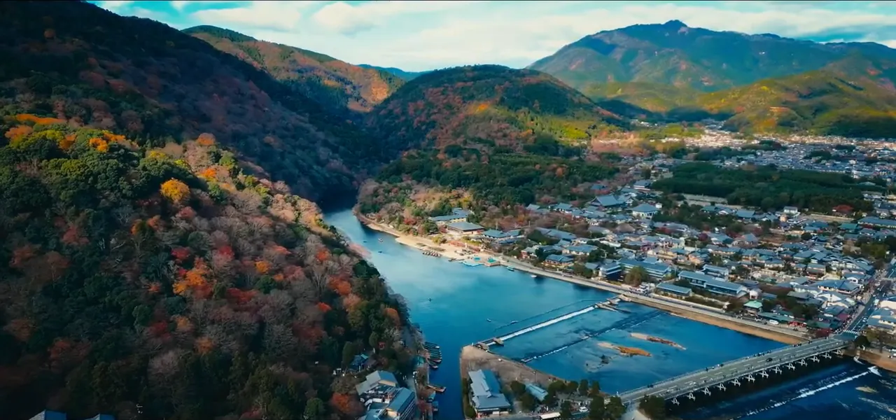 Aerial view of the forested Hozu River valley at Arashiyama, on the edge of Kyoto, Japan