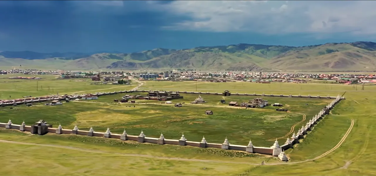 Aerial view of the walled Erdene Zuu Monastery at Kharkhorin, the site of ancient Karakorum