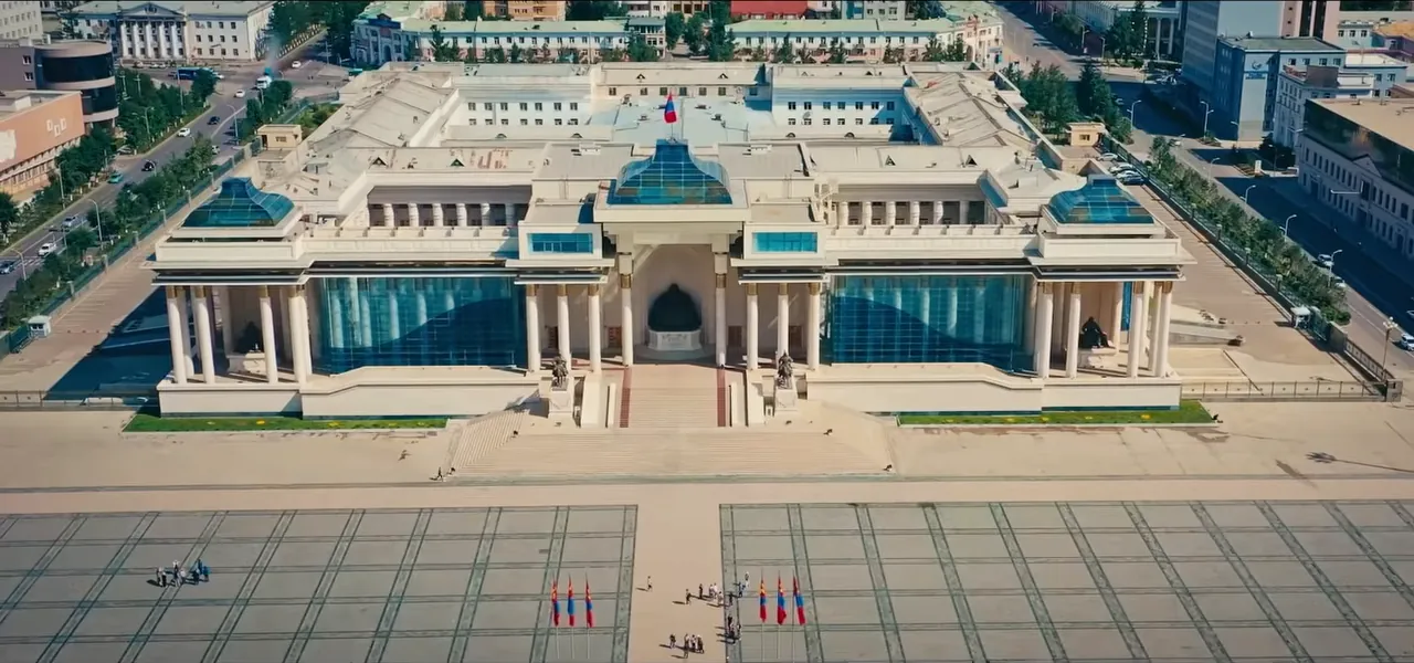 Aerial view of Sukhbaatar Square and the Government Palace in Ulaanbaatar, Mongolia
