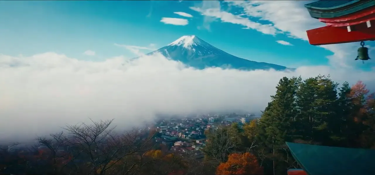 Mount Fuji rising above a sea of cloud, seen from the Chureito Pagoda viewpoint
