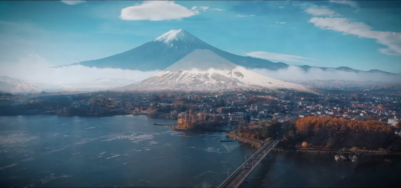 Mount Fuji reflected in Lake Kawaguchiko on a clear day