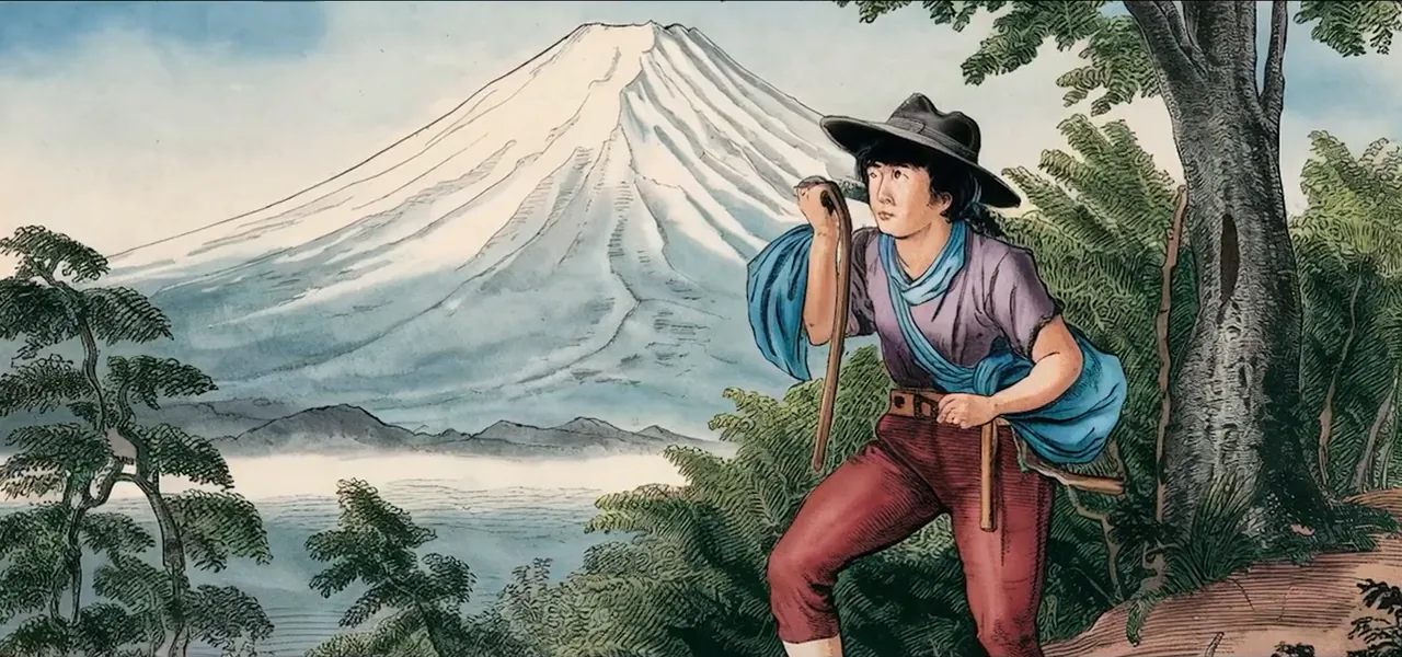 Illustration of a woman in old Japanese clothing climbing Mount Fuji with a walking staff