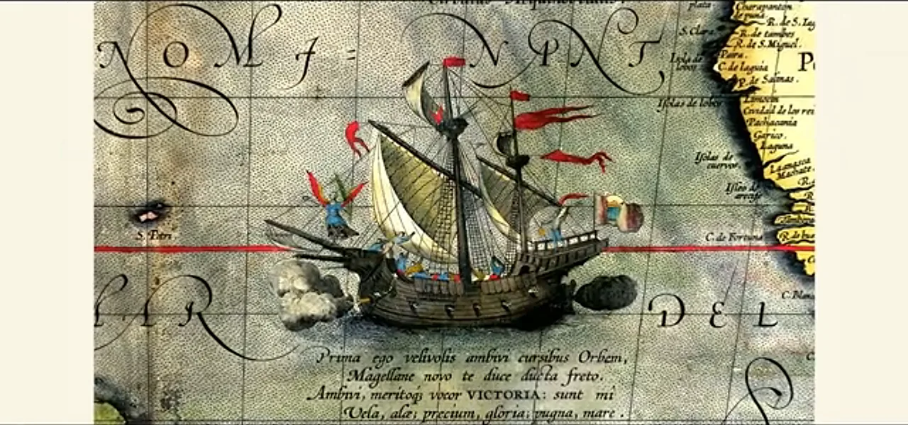 A 16th-century map with an illustration of a Spanish galleon