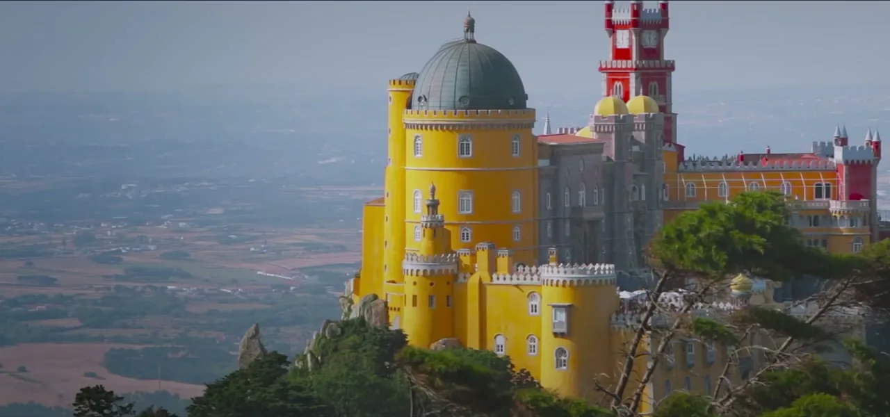 The colourful Pena Palace on a hilltop in Sintra, Portugal