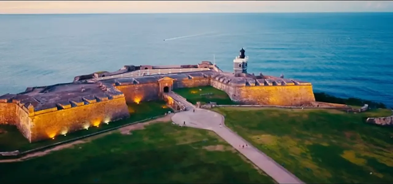 Aerial view of El Morro fortress and its lighthouse guarding San Juan harbour, Puerto Rico