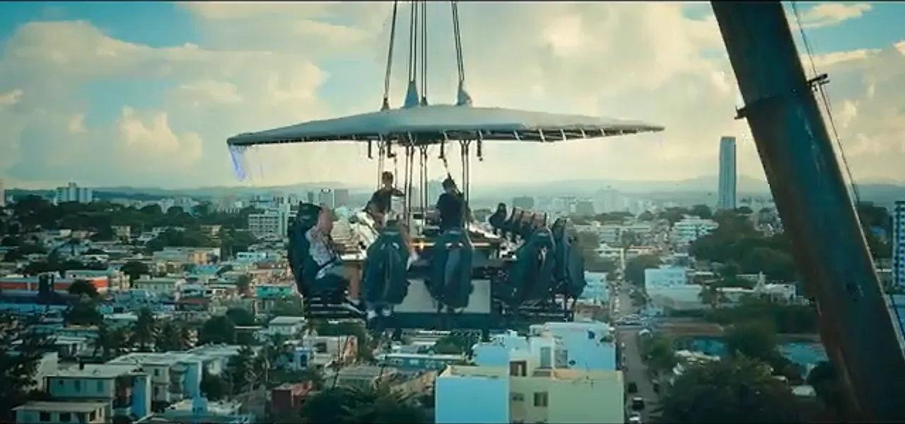 The Fly Dining crane restaurant suspended in the sky above San Juan, Puerto Rico