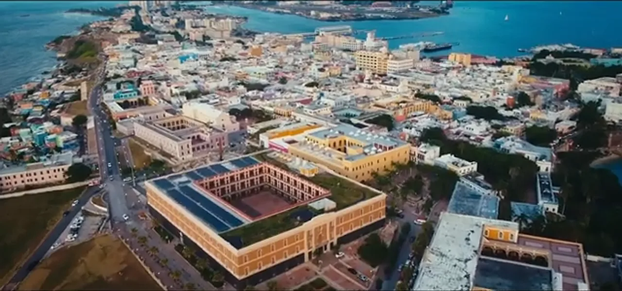 Aerial view of Old San Juan and its Spanish fortress on the Atlantic coast, Puerto Rico