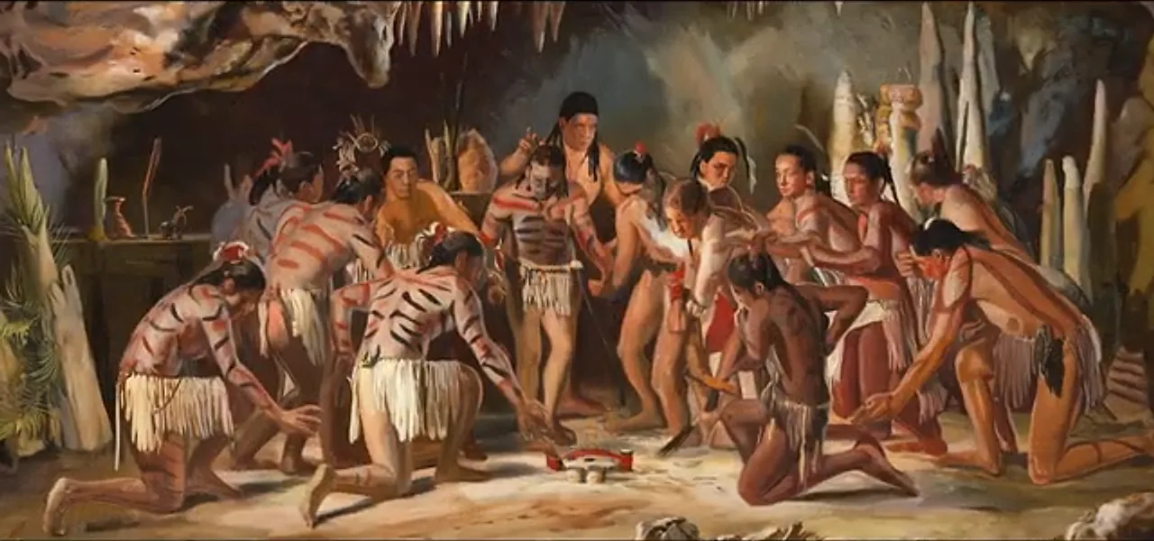 An illustration of Taíno people performing a ceremony in a cave in Puerto Rico