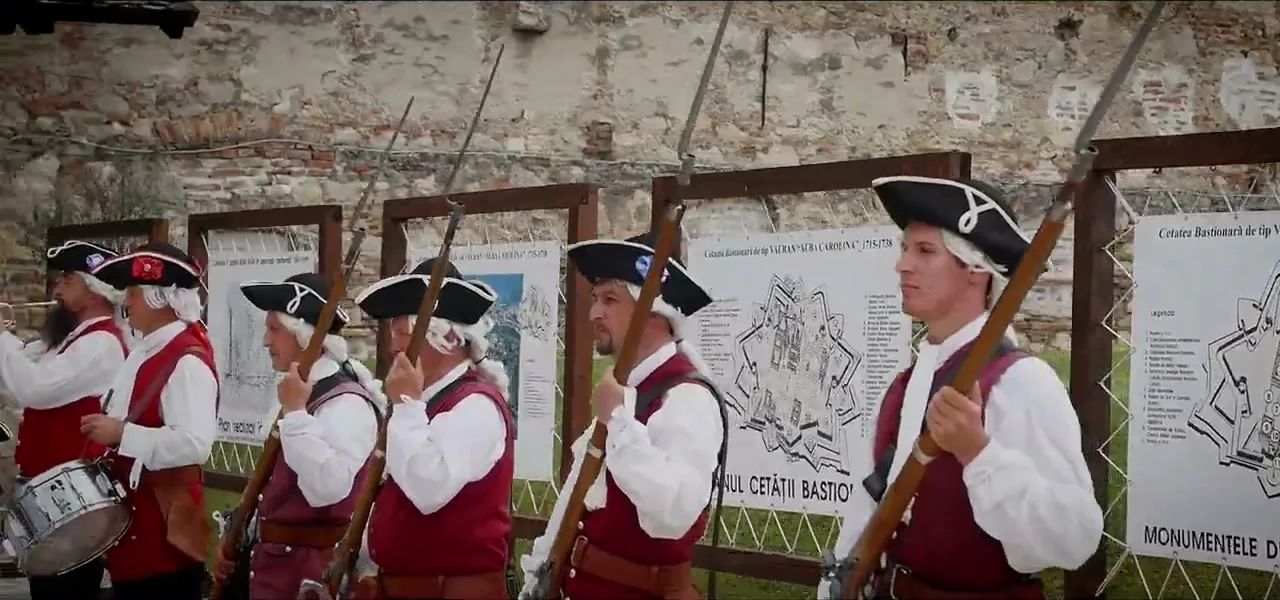 A guard-change reenactment with costumed soldiers at the Alba Carolina fortress in Alba Iulia, Romania