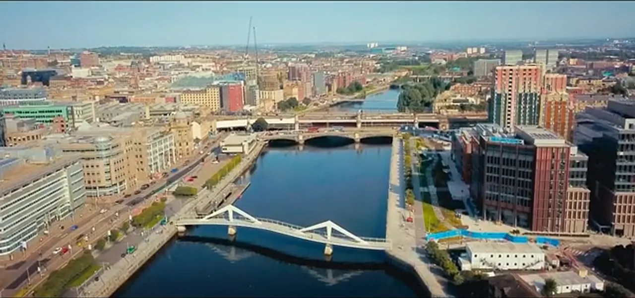 Aerial view of the River Clyde running through central Glasgow with its bridges