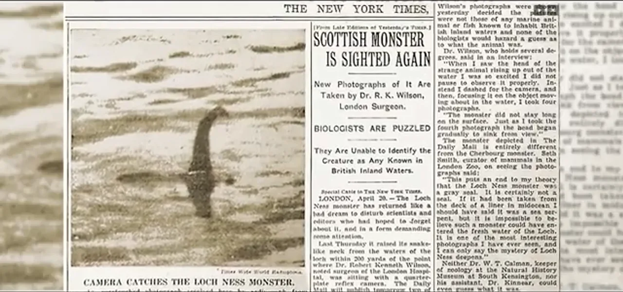A vintage newspaper page reporting a sighting of the Loch Ness Monster with the 'Surgeon's Photograph'
