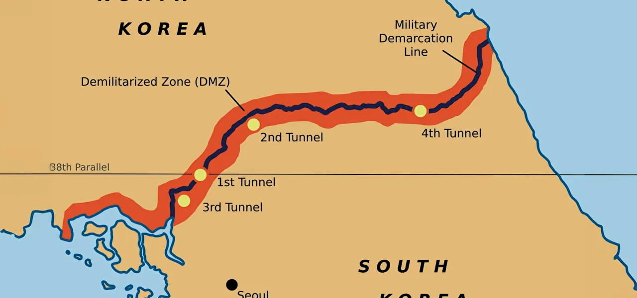 A map showing the Korean DMZ, the Military Demarcation Line and the infiltration tunnels