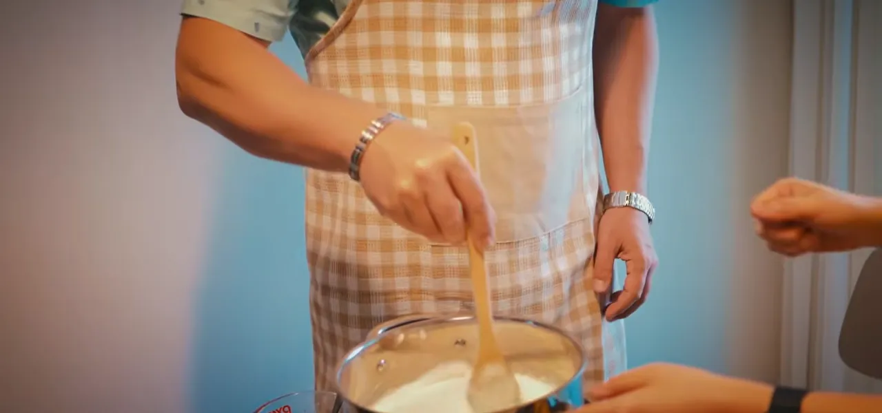 Sorin making fresh tofu from soybeans in a home kitchen in Seoul