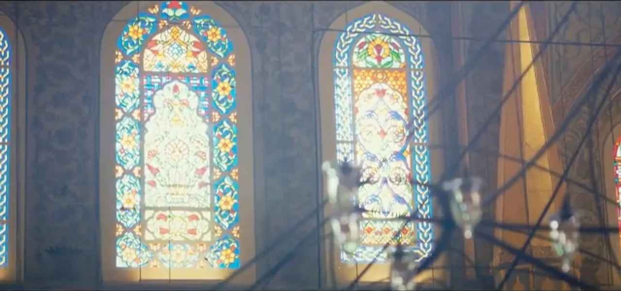 Stained glass windows inside the Blue Mosque in Istanbul
