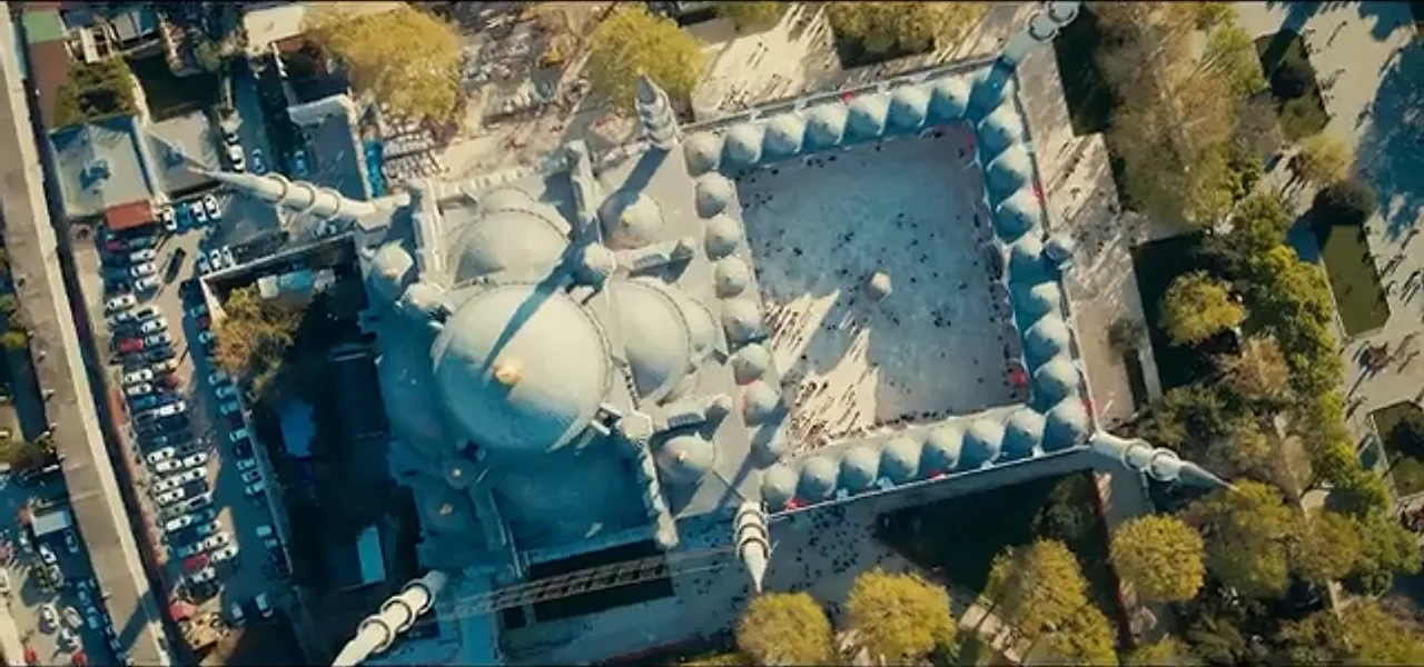 Aerial view of the Blue Mosque and its six minarets in Istanbul, Turkey