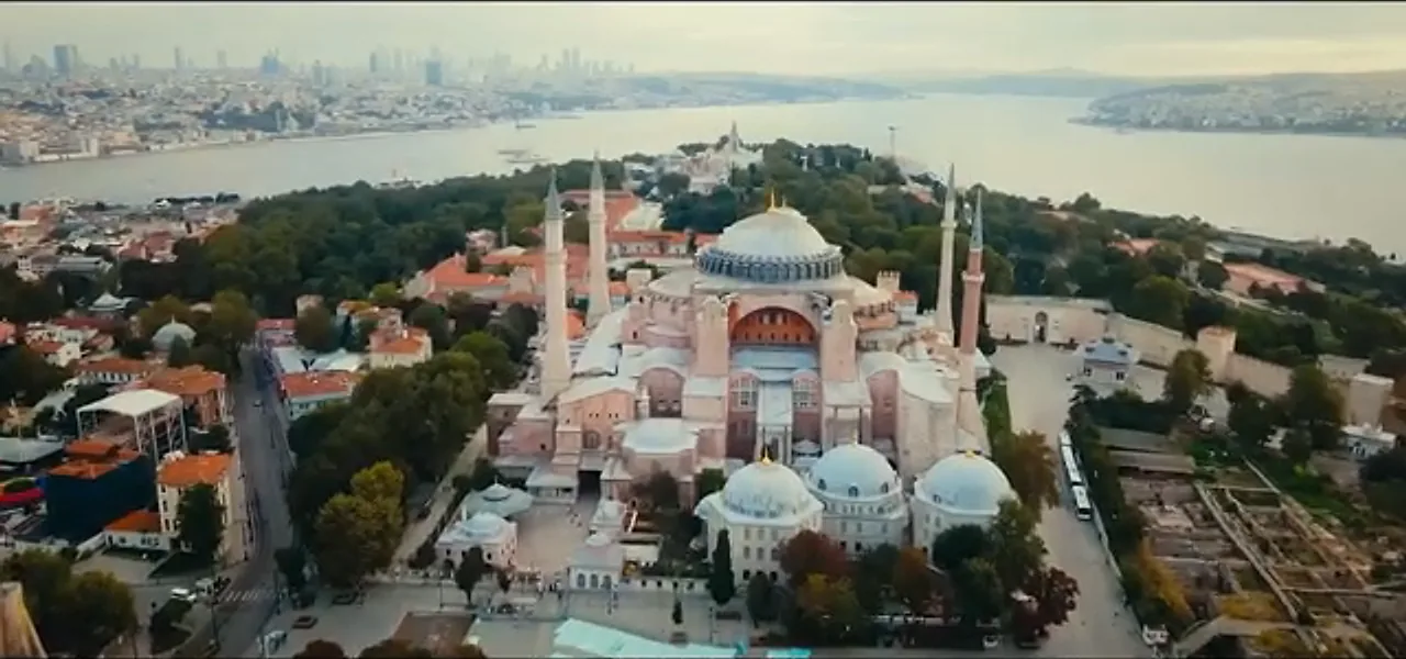 Aerial view of the Hagia Sophia and its minarets in Istanbul, Turkey